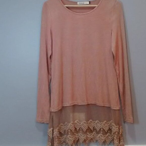 Origami by Vivien Lace Hem Tunic Top - Women’s Small Brown Long Sleeve - Picture 2 of 3